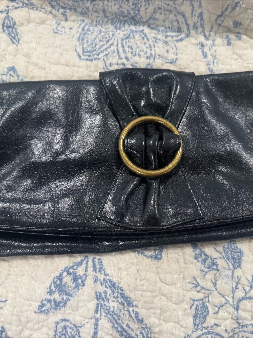 HOBO Black Leather Foldocer Clutch with Brass Ring Accent
